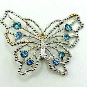 Silver Tone Sparkling Blue Large Butterfly Costume Pin